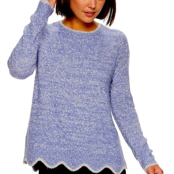 ELLE Scallop Hem Sweater Periwinkle Blue Purple Silver Metallic Crew Neck Preppy - Picture 1 of 15